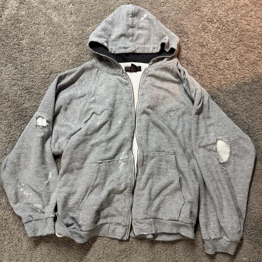 Vintage Sierra Pacific Distressed Thrashed Full-Zip Thermal-Lined Gray Hoodie